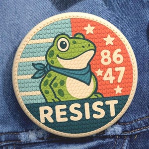 RESIST Frog Activist Pin Button & Sticker Crochet Patch Style | Political Protest Vinyl Decal Retro Kawaii Frog Art Cute Activist Frog Badge
