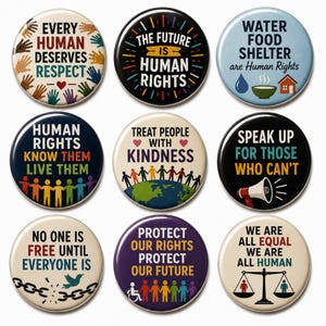 May include: A set of nine circular pin-back buttons featuring human rights themes. Text includes Every Human Deserves Respect, The Future Is Human Rights, Water Food Shelter Are Human Rights, Human Rights Know Them Live Them, Treat People With Kindness, Speak Up For Those Who Can't, No One Is Free Until Everyone Is, Protect Our Rights Protect Our Future, and We Are All Equal We Are All Human.