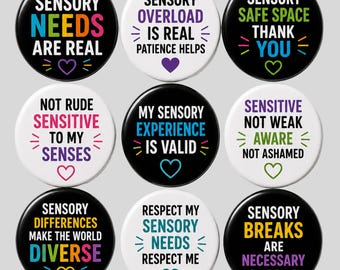 Sensory Awareness Pin Buttons, Sensory Processing Autism Neurodiversity Support Inclusive Badge Gift Pins Collection, safe space pin