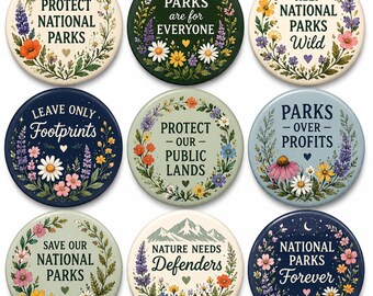 Floral National Parks Pin Button Set, Wildflower Nature Badge, Botanical Conservation Pin, Outdoor Lover Gift, floral pin button, wildflower