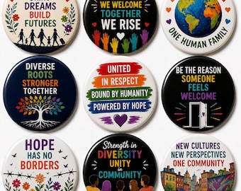 Immigration Support Pin Button, One Human Family Badge, Diversity Unity Pin, Welcome Refugees Gift, Inclusion Advocate, Unity Support Button