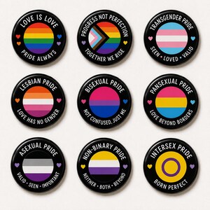 May include: A set of nine circular pin-back buttons featuring various pride flags. Each button has a black border with white text and small colored hearts. The flags include rainbow, progress, transgender, lesbian, bisexual, pansexual, asexual, non-binary, and intersex designs with slogans like Love Is Love, Progress Not Perfection, and Born Perfect.