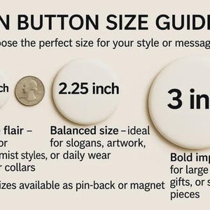 K&ouml;nnte beinhalten: Pin Button Gr&ouml;&szlig;en&uuml;bersicht mit drei wei&szlig;en Kn&ouml;pfen in verschiedenen Gr&ouml;&szlig;en: 3,2 cm, 5,7 cm und 7,6 cm. Die &Uuml;bersicht schl&auml;gt Gr&ouml;&szlig;en f&uuml;r verschiedene Zwecke vor, mit Optionen f&uuml;r Anstecknadeln oder Magnete.