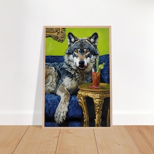 Impresión enmarcada de lobo gris con Bloody Mary / Póster de cóctel, decoración de bar / Arte de pared maximalista para sala de juegos, estilo bohemio de lujo (jpg) Perros grandes