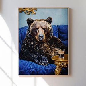 グリズリーベアと白ロシアの壁アートバー装飾カクテルポスターバーテンダーギフトデジタルダウンロードプリントバーカートブルーベルベットゴールドAIアート