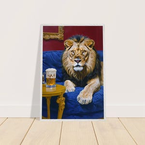 León con cerveza o bebida personalizada, arte de bar, decoración de cueva de hombre, póster de cóctel de animales para amantes de la cerveza, diseño biofílico, 24 x 36 pulgadas, decoración de sala de juegos, regalo para él