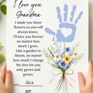 Bloemboeket handafdruk gedicht kunst voor oma, verjaardag unieke kinderen ambacht, Moederdagcadeau, peuter aandenken kunst, DIY handafdruk kaart