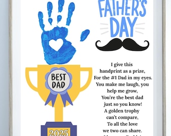 Trophy #1 best Dad Fathers Day Handprint Printable Craft, Handprint Art, My Daddy Poem Gift for Dad Sentimental Gift from Kids Toddler Baby