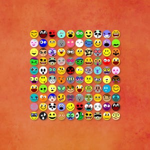 May include: A collection of emoji faces with diverse expressions, such as smiling, winking, and surprised. The emoji faces are set against an orange backdrop, forming a lively and fun design. Each emoji has a unique design.