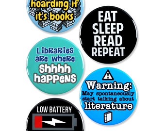 5 Pack - Humorous Bookworm Pinback Button Badges - 2.25 Inch