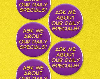 5 Pack - Ask Me About Our Daily Specials Purple Pinback Buttons - 2.25 Inch