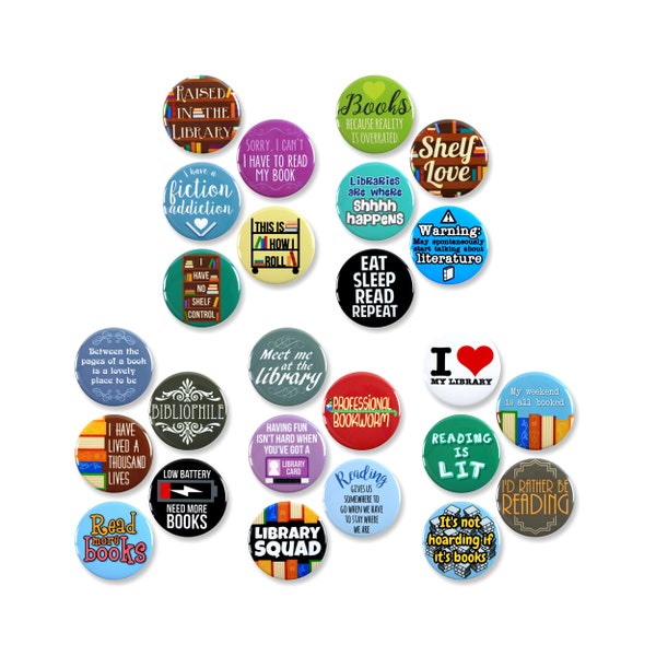 Pack 25 - Badges de bouton Pinback pour les amateurs de livres et de bibliothèques amusants - 1,5 pouce