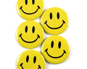 Classic Smiley Face Pinback Buttons - 2.25 Inch Round - 5 Pack
