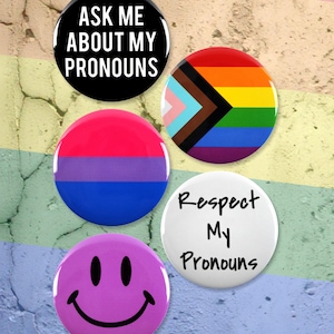 5 Pack - Bisexual And Pronoun Pride LGBTQ+ Pinback Buttons - 2.25 Inch