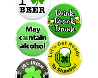 5 Pack - St. Patricks Day Beer Pinback Button Badges - 2.25 Inch Round