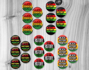 May include: Twenty-four round buttons with the text "Black History Month" in black, red, and green. The buttons are arranged in a grid pattern on a woodgrain background.