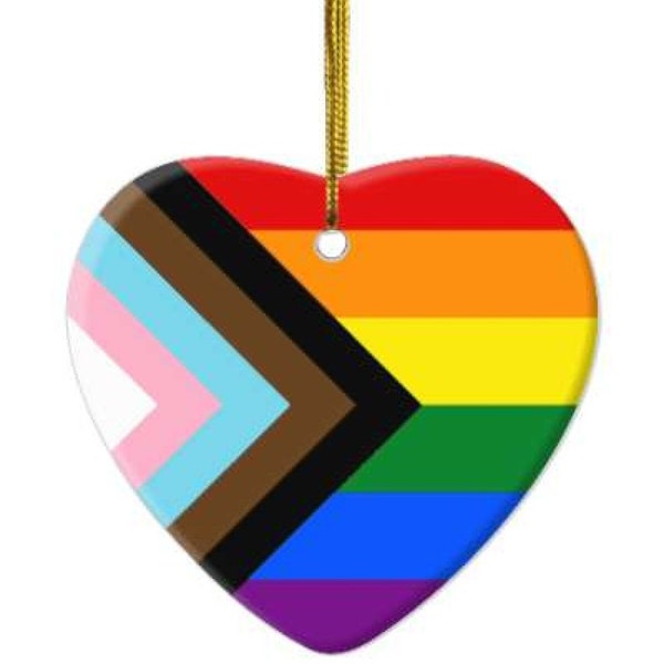 1 Pack - LGBTQ+ Progress Pride Flag Heart Shaped Ceramic Christmas Ornament and Home Decor - 3x2.82 Inch Heart