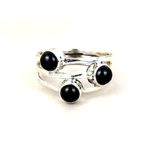 925 Sterling Silver Natural Black Onyx Three Gemstone Handmade Dainty Ring, Artisans Ring, Bohemian Ring, Cocktail Ring, Gift For Her.