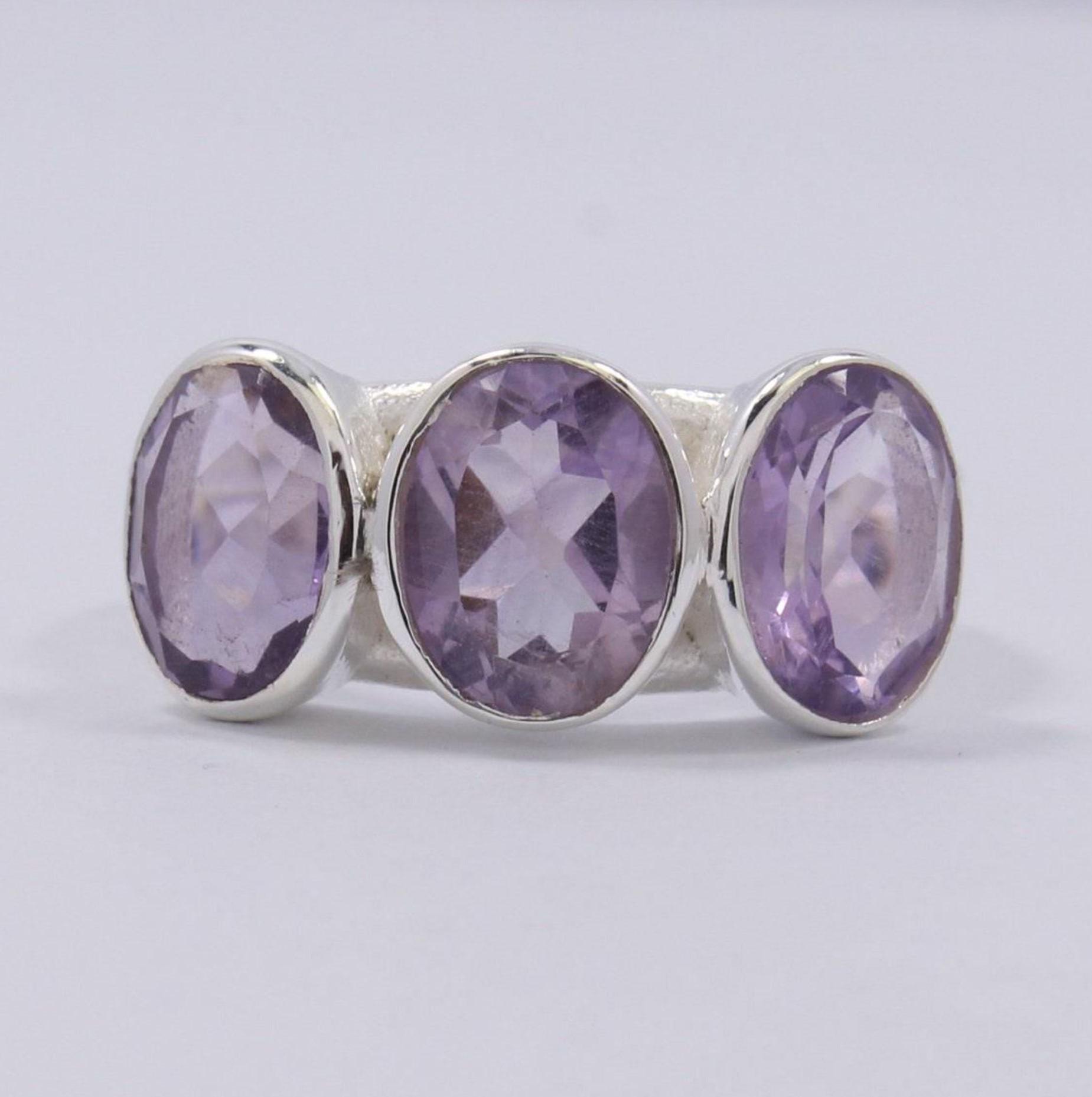 Designer Silver Amethyst Ring: Three Stone Bohemian Ring, Ethnic Gift
