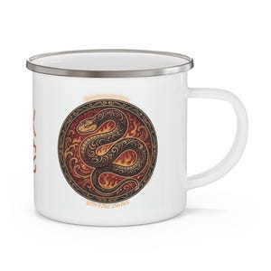 Tazza da campeggio smaltata con serpente di fuoco Yin / Regalo di compleanno con segno zodiacale cinese (355 ml)