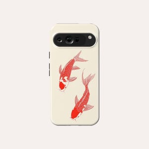 May include: A white phone case with a red and white koi fish design. The phone case has a camera lens cutout.