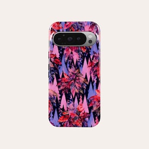 May include: A phone case featuring a vibrant floral design with red, pink, and purple leaves. The leaves are set against a background of blue and black zigzag patterns. The case has a glossy finish and a camera cutout.
