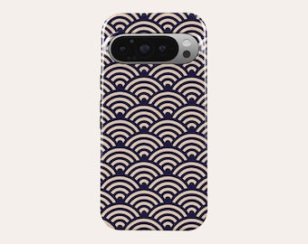 May include: A smartphone case featuring a navy blue and cream-colored wave pattern. The design is a repeating pattern of semi-circles, creating a textured appearance. The case has a camera cutout at the top.