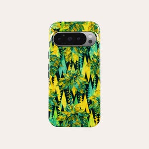 May include: A phone case with a vibrant leaf pattern in shades of yellow and green, set against a black background with teal zigzags. The case has a camera cutout.