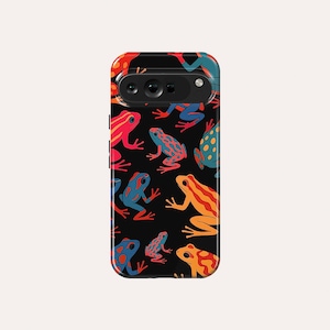 May include: A black phone case featuring a pattern of colorful frogs. The frogs are in shades of red, orange, blue, and yellow, with some having spotted patterns. The case has a glossy finish.