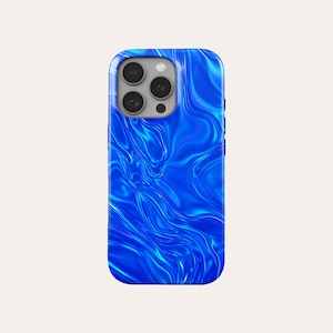 May include: A bright blue phone case with a glossy finish. The case has a flowing, liquid-like pattern in shades of blue, creating a dynamic design. The case is rectangular with rounded corners and a camera cutout. The case is designed for a smartphone.