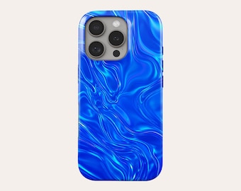 May include: A vibrant blue phone case with a glossy finish. The case features a flowing, liquid-like pattern in shades of blue, creating a dynamic and eye-catching design. The case has a rectangular shape with rounded corners and a camera cutout.