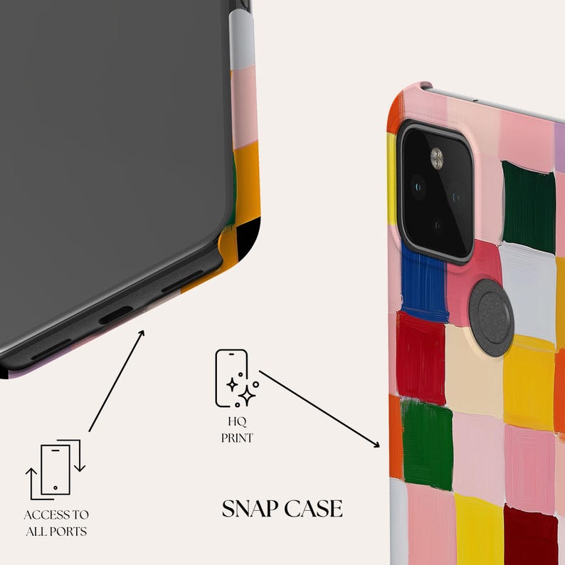 K&ouml;nnte beinhalten: Eine farbenfrohe Handyh&uuml;lle mit einem geometrischen Muster aus Quadraten und Rechtecken in verschiedenen Farben, darunter Pink, Gelb, Gr&uuml;n, Blau und Rot. Die H&uuml;lle ist f&uuml;r ein Smartphone mit einer Kamera auf der R&uuml;ckseite konzipiert. Die H&uuml;lle ist aus strapazierf&auml;higem Material gefertigt und hat ein Snap-On-Design f&uuml;r eine einfache Installation. Der Text "SNAP CASE" ist unter dem Bild gedruckt.