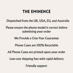 K&ouml;nnte beinhalten: Text auf wei&szlig;em Hintergrund, der "THE EMINENCE" lautet, gefolgt von einer Liste von Informationen &uuml;ber das Unternehmen. Der Text lautet: "Versand aus Gro&szlig;britannien, USA, EU und Australien. Bitte stellen Sie sicher, dass das Telefonmodell korrekt ist, bevor Sie Ihre Bestellung abschicken. Wir bieten eine einj&auml;hrige Garantie. Handyh&uuml;llen sind 100% recycelbar. Alle Handyh&uuml;llen werden auf Bestellung gedruckt. G&uuml;nstige Versandkosten mit schneller Lieferung. Freundlicher Support."