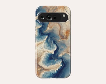 May include: A phone case with a blue and brown abstract marble design. The case has a raised camera bump with three lenses.