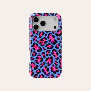 May include: A smartphone case with a vibrant leopard print design. The case has a blue background with pink and black spots. The case has a glossy finish and a camera cutout.