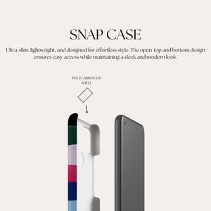 K&ouml;nnte beinhalten: Eine wei&szlig;e Handyh&uuml;lle mit einem mehrfarbigen Streifenmuster. Die H&uuml;lle ist aus Polycarbonat und hat oben und unten eine &Ouml;ffnung f&uuml;r einfachen Zugriff.  SNAP CASE steht in schwarzer Schrift oben im Bild.