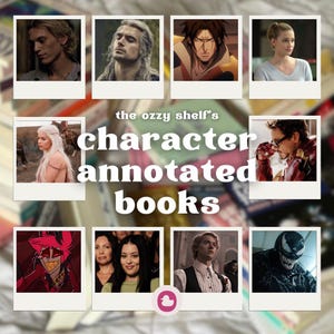 Könnte beinhalten: Eine Collage aus neun Fotos im Polaroid-Stil mit verschiedenen Charakteren. Der zentrale Text lautet "the ozzy shelf's character annotated books." Die Fotos zeigen verschiedene Personen, was auf ein Thema von charakterorientierter Literatur oder Medien hindeutet.