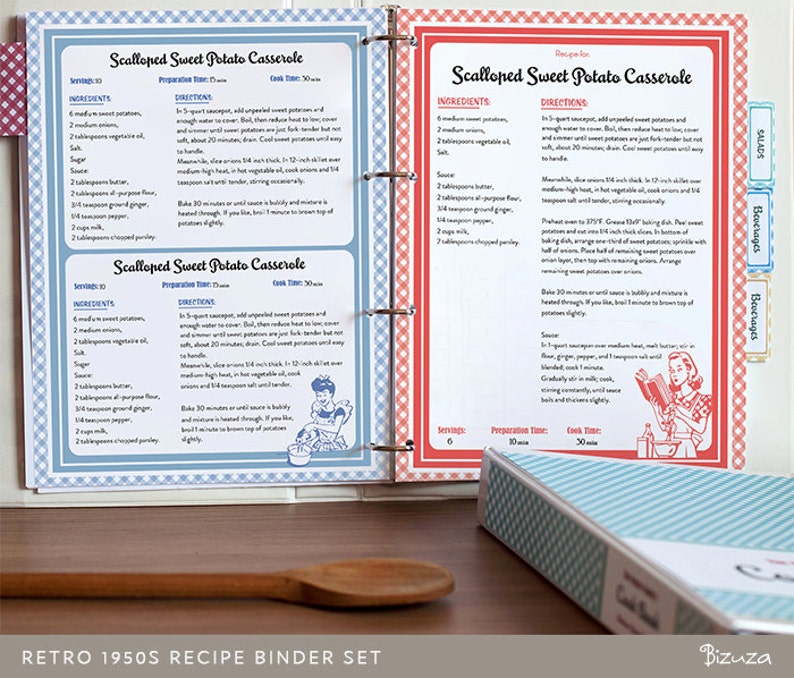 Recipe Book Binder Set Retro 1950s Style Printable Recipe Etsy