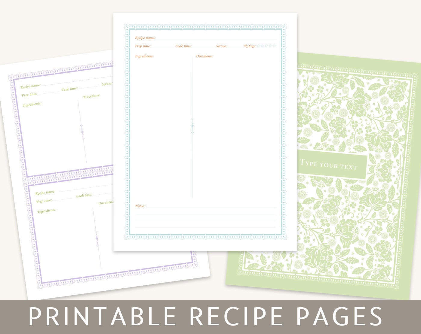 Lemon Recipe Sheet and Notes Instant Download Printable Recipe Binder Pages Digital Files Lemon with Greenery PDF US Letter
