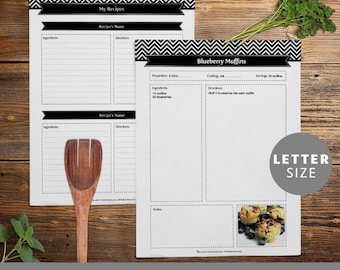 Recipe Binder Pages, Printable and Customizable DIY Templates, Editable PDF, Black and White Chevron, Instant Download
