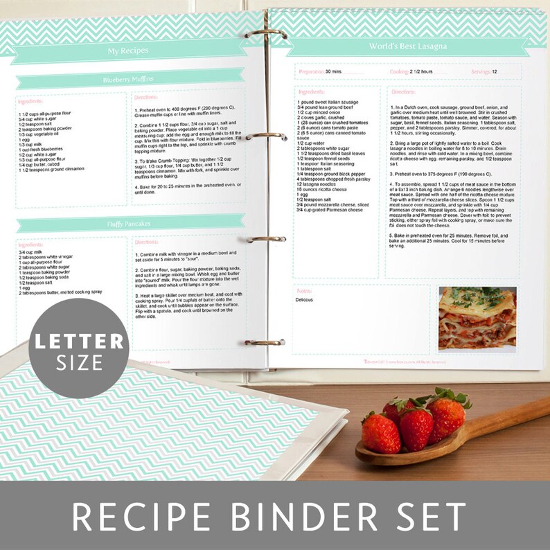 Printable Recipe Binder Set Editable PDF Mint Green Chevron Etsy
