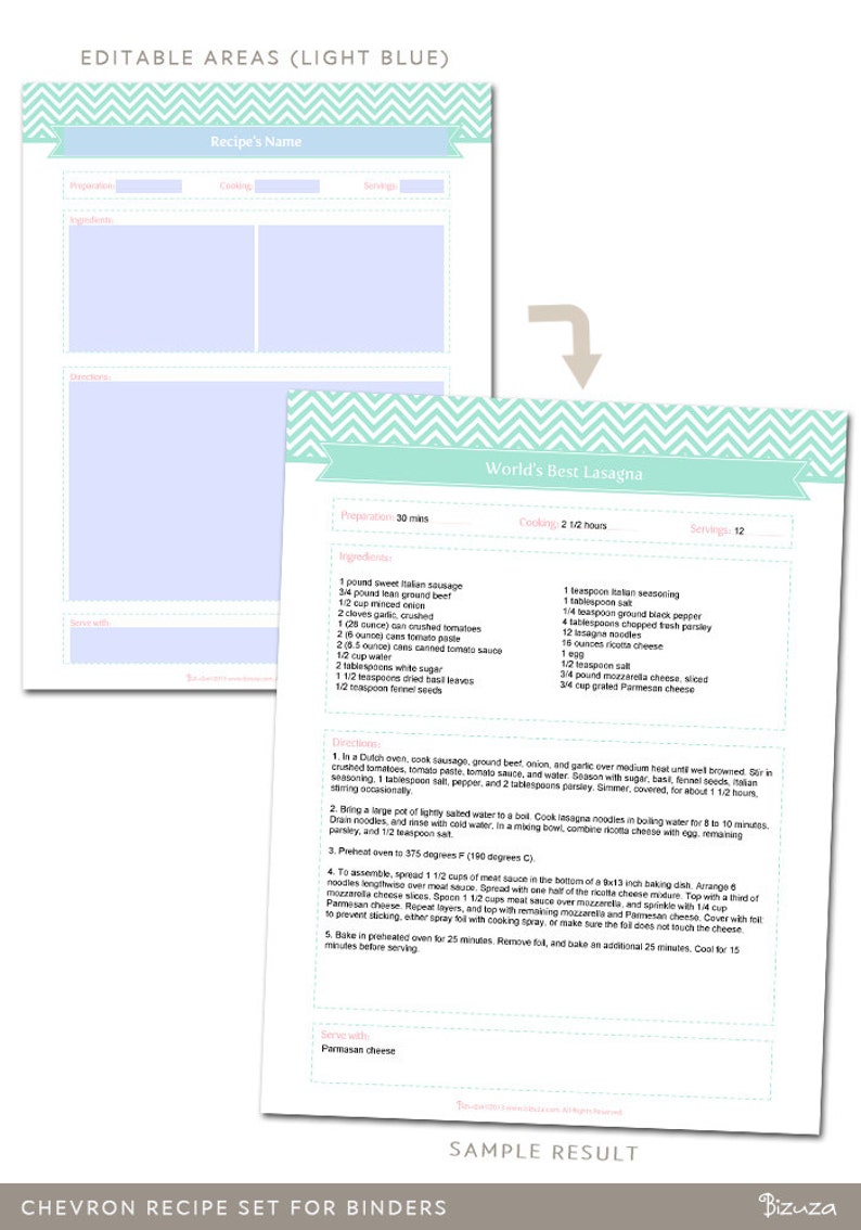 Printable Recipe Binder Set Editable PDF Mint Green Chevron | Etsy