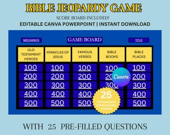 Editable Bible Jeopardy Powerpoint Game Template, Youth Group Games, Bible Study Activity, Church Games, Bible Trivia, Youth Ministry Party