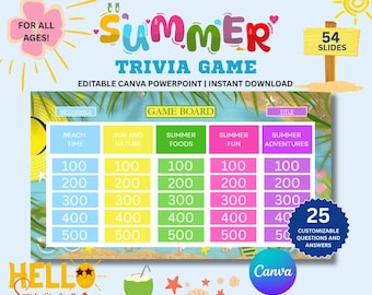 Summer Jeopardy Game, Editable Canva Powerpoint, Summer Party Game, Summer break activity, Trivia Night, Summer Trivia, Beach Theme Quiz PDF