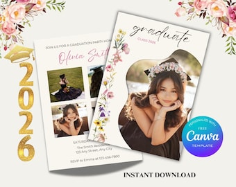 Floral Graduation Invitation Template, Senior Girl Graduation Party Photo Card, Class of 2026, Boho Graduation Party, Flower Grad Canva Edit