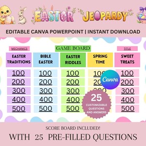May include: A pink Easter Jeopardy game board with pastel accents. The game board includes categories like "Easter Traditions" and "Sweet Treats." The text "Easter Jeopardy" is at the top, and the Canva logo is visible.
