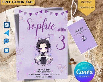 Editable Shinohbu Birthday Invitation Template, Anime Themed Birthday, kawaii chibi, purple birthday girl, kawaii birthday card, kids party