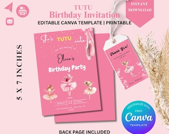 Tutu Birthday Invitation Template, Pink Birthday Party Theme, Ballerina Girl Party, Canva Editable, Dance Birthday, Ballet Party, Favor Tag