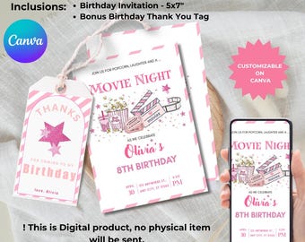 Editable Movie Birthday Invitation Canva Template, Movie Party, Movie Night, Kids Invitation, blockbuster, cinema nights, backyard screening