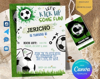 Soccer Birthday Invitation Template Editable in Canva, Boy Sports Party Invite, Soccer Themed Birthday, Soccer Birthday Favor Tag, Kids